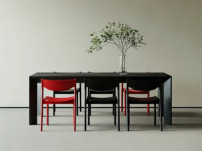 Modern Dining Table Set with Black Table Red and Black Chairs and Green Plant Vase 3d model