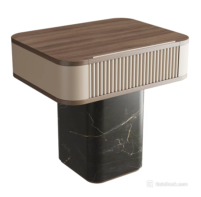 Modern Side Table With Wooden Top Slatted Panel And Black Marble Base 3d model