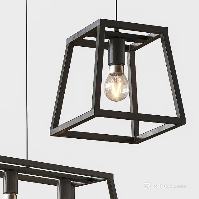 Modern Industrial Black Metal Geometric Frame Chandelier with Exposed Transparent Bulb 3d model 
