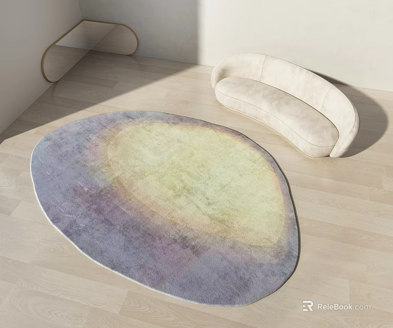 Stylish Gradient Purple Yellow Oval Rug In Room With Beige Curved Sofa Light Wood Floor 3d model 