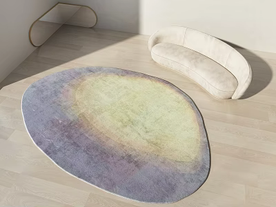 Stylish Gradient Purple Yellow Oval Rug In Room With Beige Curved Sofa Light Wood Floor 3d model