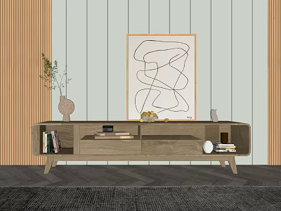 Modern Wooden TV Stand With Books Fruit Tray Vase Plant And Abstract Wall Art 3d model
