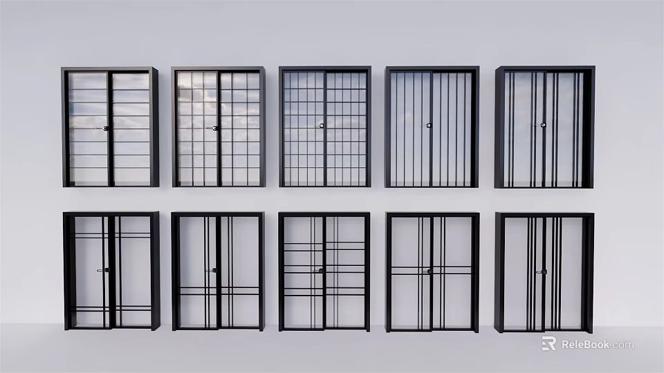 Various Interior Door Designs With Grid And Panel Patterns On White Background 3d model
