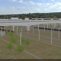 Electric Tram Traveling on Elevated Railway Track Surrounded by Trees and Open Landscape