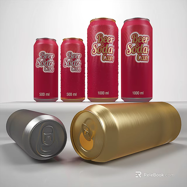 Canned Beer Soda Cider Drinks With Red Cans Various Sizes And Silver Gold Bottoms 3d model 