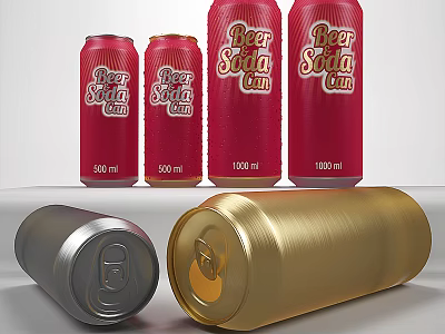 Canned Beer Soda Cider Drinks With Red Cans Various Sizes And Silver Gold Bottoms 3d model