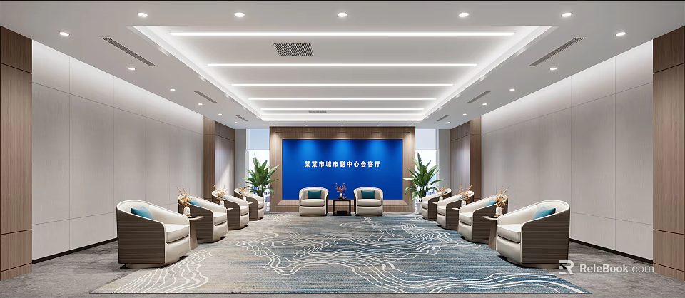Hotel Public Lounge Area Modern Interior With Comfortable Seating Decorative Carpet Green Plants And Lighting 3d model 