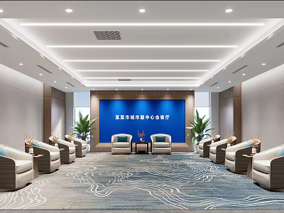 Hotel Public Lounge Area Modern Interior With Comfortable Seating Decorative Carpet Green Plants And Lighting 3d model