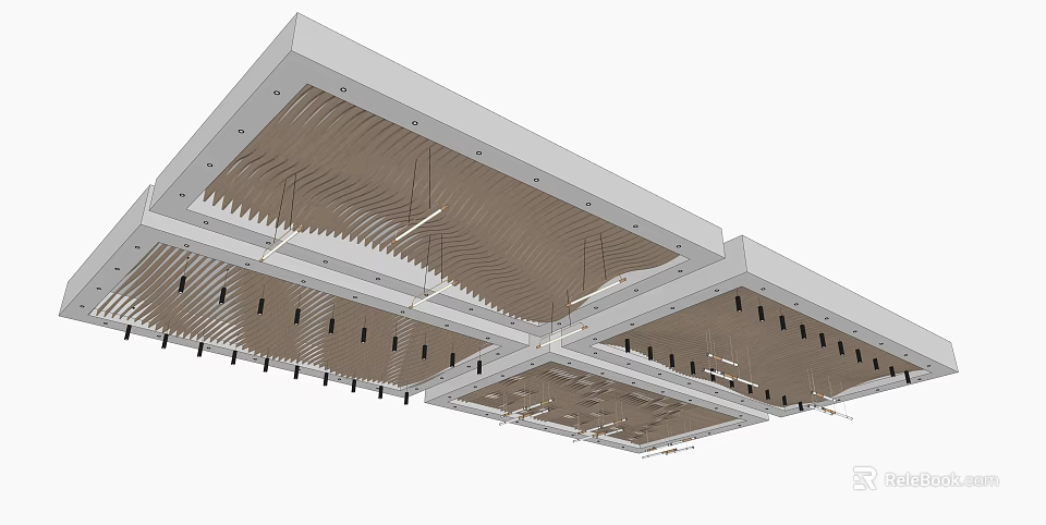 Modern Suspended Ceiling Design With Wooden Slats And Recessed Lighting Elements 3d model