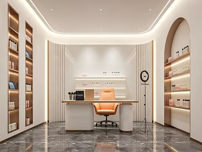 Modern Luxury Beauty Salon Reception Desk With Embedded Skincare Product Display Shelves And Warm Lighting 3d model