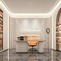 Modern Luxury Beauty Salon Reception Desk With Embedded Skincare Product Display Shelves And Warm Lighting