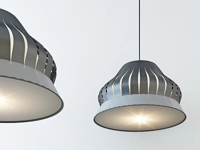 Two Modern Pendant Lights with Gray Striped Shades and Illuminated Design 3d model