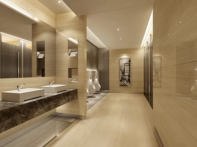 Modern Public Restroom Interior Design With Two Sinks Marble Countertop And Mirrored Walls 3d model