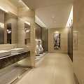 Modern Public Restroom Interior Design With Two Sinks Marble Countertop And Mirrored Walls