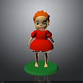 Cute Child Figure With Red Hair And Red Dress Standing On Green Base