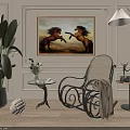 Wicker Rocking Leisure Chair with Floor Lamp Side Table Green Plant and Horse Wall Painting