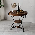 Round Wooden Coffee Table With Metal Frame Shelf Storage And Decorative Wine Bottle Pampas Grass