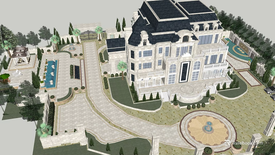 Luxurious Detached Villa with Spacious Driveway Lush Garden and Central Fountain 3d model 