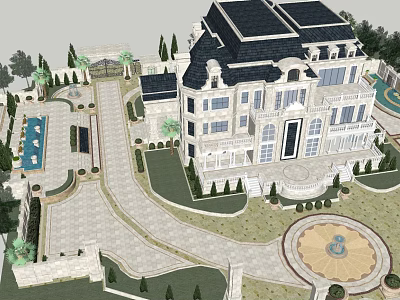 Luxurious Detached Villa with Spacious Driveway Lush Garden and Central Fountain 3d model