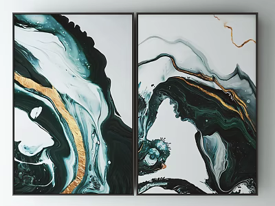 Modern Abstract Paintings With Green White Gold Fluid Lines For Living Room Wall Decor 3d model