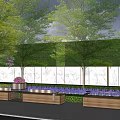 Outdoor Wooden Bench In Garden With Trees Purple Flowers White Wall And Metal Planter