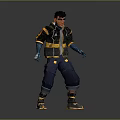 Futuristic Human Character In Cyberpunk Jacket Blue Gloves Dark Pants And Yellow Sole Shoes