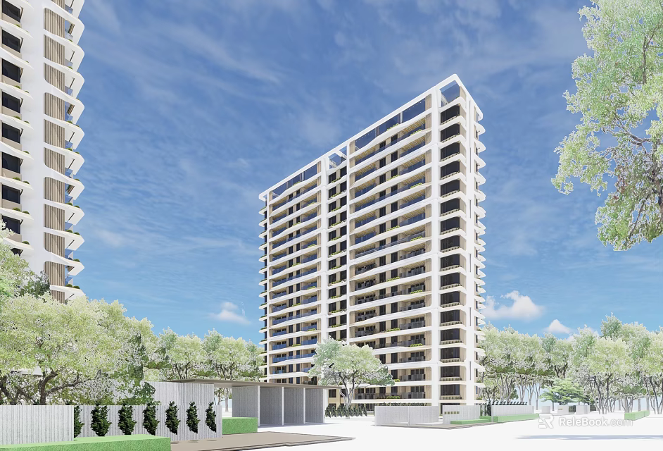 Modern High Rise Residential Building With Balconies And Green Trees Under Clear Sky 3d model 