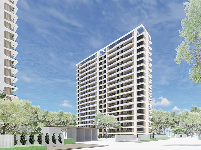Modern High Rise Residential Building With Balconies And Green Trees Under Clear Sky 3d model