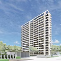Modern High Rise Residential Building With Balconies And Green Trees Under Clear Sky