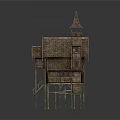 Traditional Wooden Stilt House With Pointed Tower Thatched Roof And Green Stilts