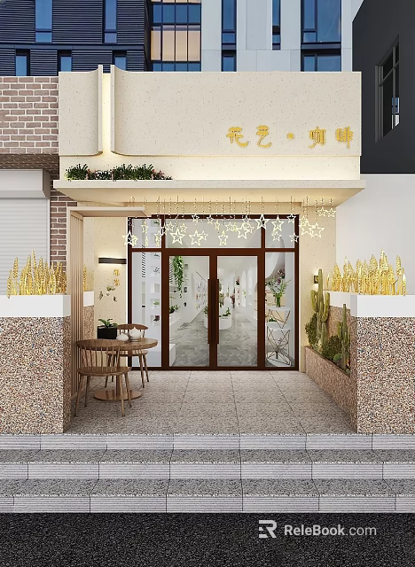 Charming Flower Art Coffee Storefront with Green Plants Star Decorations Glass Doors and Outdoor Tables 3d model 