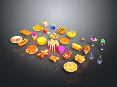 Assorted Colorful Fast Food Snacks Including Burgers Hotdogs Ice Cream And Drinks 3d model