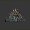 Fantasy Circular Stone Platform With Archway Golden Eye Symbol Arrows Water And Blue Glowing Particles