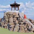 Traditional Chinese Pavilion On Rocky Mountain With Stone Steps And Blue Sky White Clouds