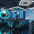 Modern Cyber Cafe Interior Featuring Blue Lighting Tech Style Walls Comfortable Sofas And Gaming Computers 3d model