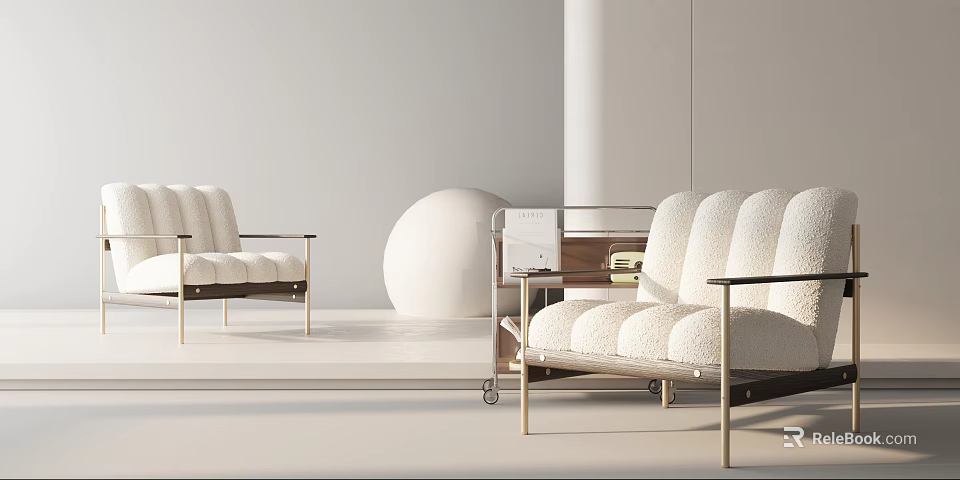 White Single Sofa With Plush Cushions Metallic Armrests Side Table And Sphere In Light Room 3d model 