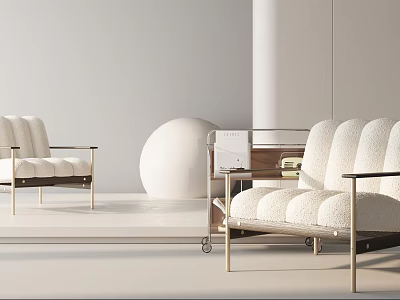 White Single Sofa With Plush Cushions Metallic Armrests Side Table And Sphere In Light Room 3d model