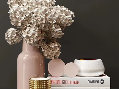 Elegant Decorative Ornament Set Featuring Pink Vase White Hydrangea Pink Round Ornaments White Bowl And Golden Decor On Books 3d model