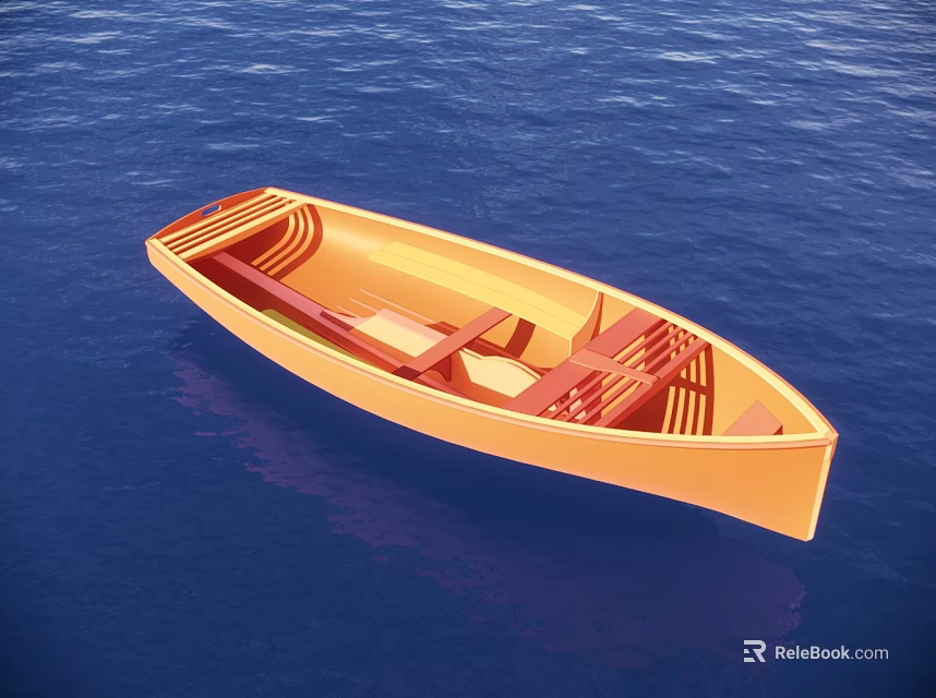 Orange Wooden Boat Floating On Calm Blue Water With Wooden Seats 3d model 