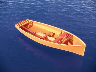 Orange Wooden Boat Floating On Calm Blue Water With Wooden Seats 3d model