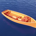 Orange Wooden Boat Floating On Calm Blue Water With Wooden Seats