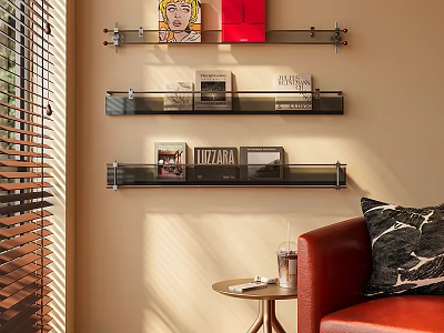 Wall mounted Bookshelf With Metal Brackets And Decorative Books Artworks In Modern Living Room Sunlight 3d model
