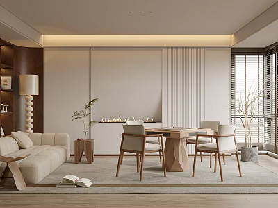 Modern Hotel Mahjong Room With Comfortable Sofa Dining Table Wooden Chairs And Plants 3d model