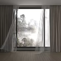 Beige Thick and White Sheer Curtains Drawn to Reveal Scenic Tree Mist View