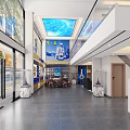 Modern Two Story Showroom Interior With Blue Starry Ceiling And Display Shelves