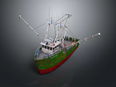 Old Fishing Ship With Green Red Hull And Masts 3d model