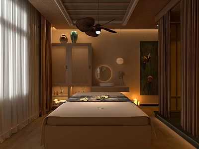 Relaxing Spa Room Interior With Massage Bed Flower Petals And Soft Lighting 3d model