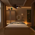 Relaxing Spa Room Interior With Massage Bed Flower Petals And Soft Lighting