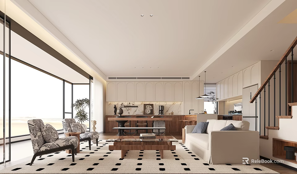 Modern Living Dining Room Interior With Open Kitchen Cabinets Sofa Coffee Table And Patterned Rug 3d model