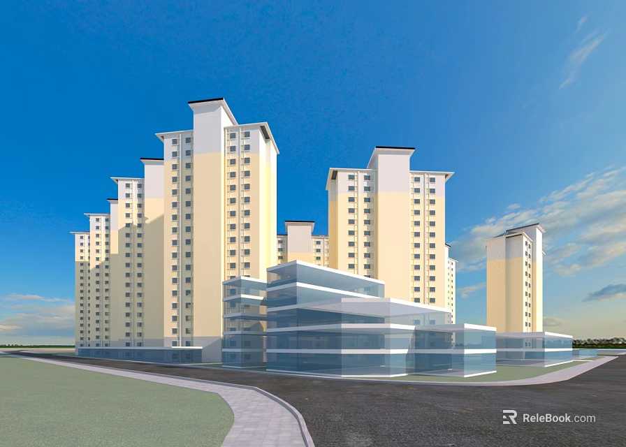 Multiple High Rise Residential Buildings With Beige Exterior White Top And Glass Curtain Wall Front 3d model 